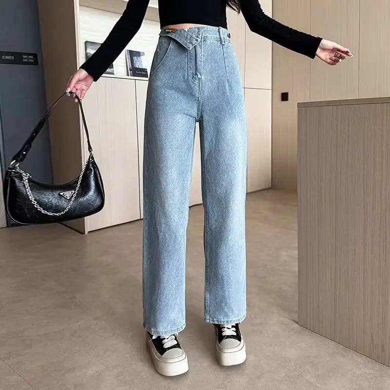 High Waist Jeans and Straight Legs for Women, Long Pants with Slender Effect, Casual, Mixed Cotton and Polyester, Not Elasticized, Dark Blue Denim