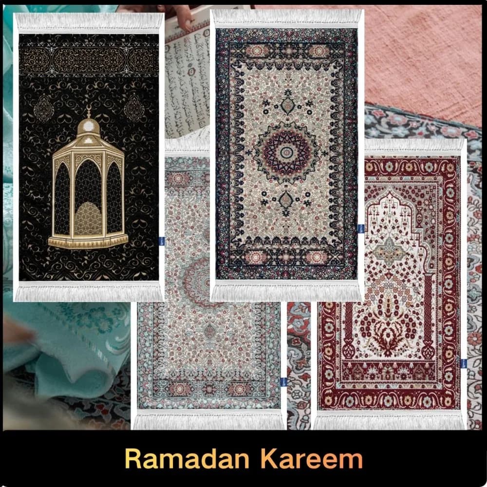 VIKAMA Islamic Prayer Mat with Mosque Print, Design Boho Vintage Washable, Eid Travel Carpet, Portable Carpet for Salah