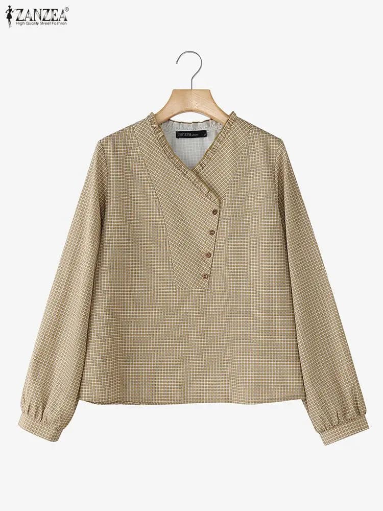 ZANZEA Camicette scozzesi da donna Primavera 2026 Casual manica lunga con volant scollo a V Mezze bottoni Top a quadretti Abiti da donna a quadri vintage