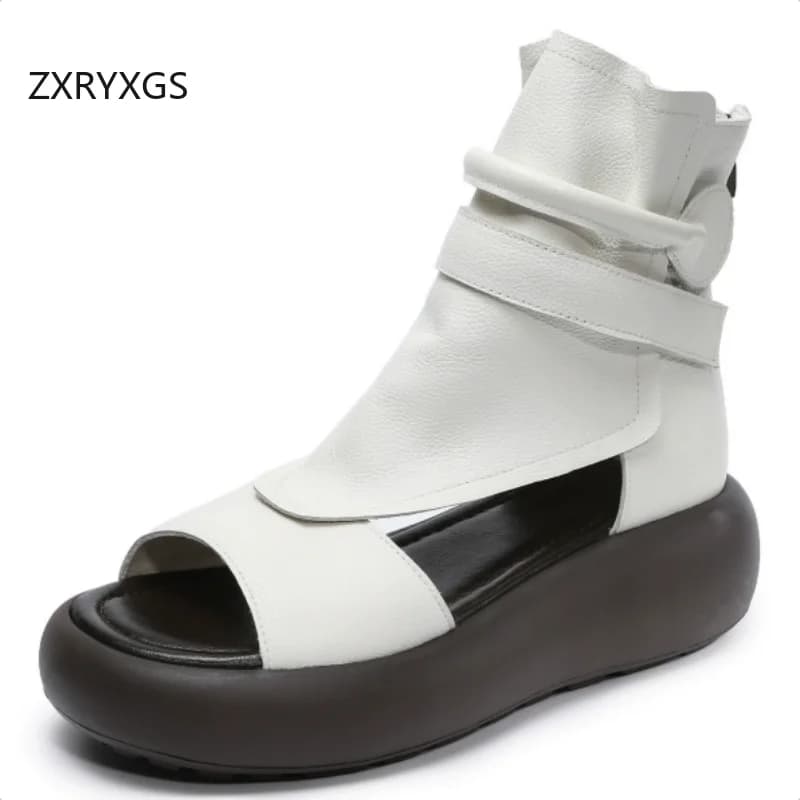 ZXRYXGS Top Soft Cowhide Roman Sandals Summer Boots 2026 New Hollow Fish Mouth Sandals Thick Sole Women Heighten Sandals Tide