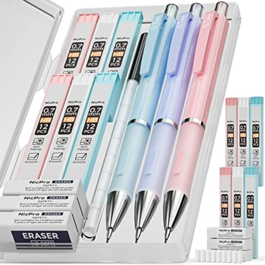 3PCS Cute Mechanical Pencil Set with Case, 0.7 mm Pencils with 6 Tube HB Lead Refill, 3PCS Eraser, 9PCS Eraser Refill for Schoo