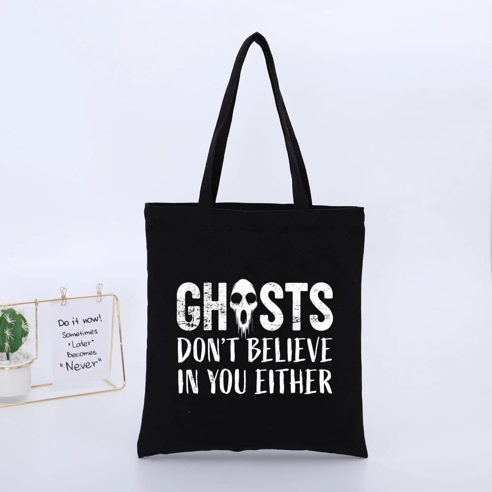 Skull and Slogan Print Black Canvas Tote Bag, Streetwear Style for Daily Shopping