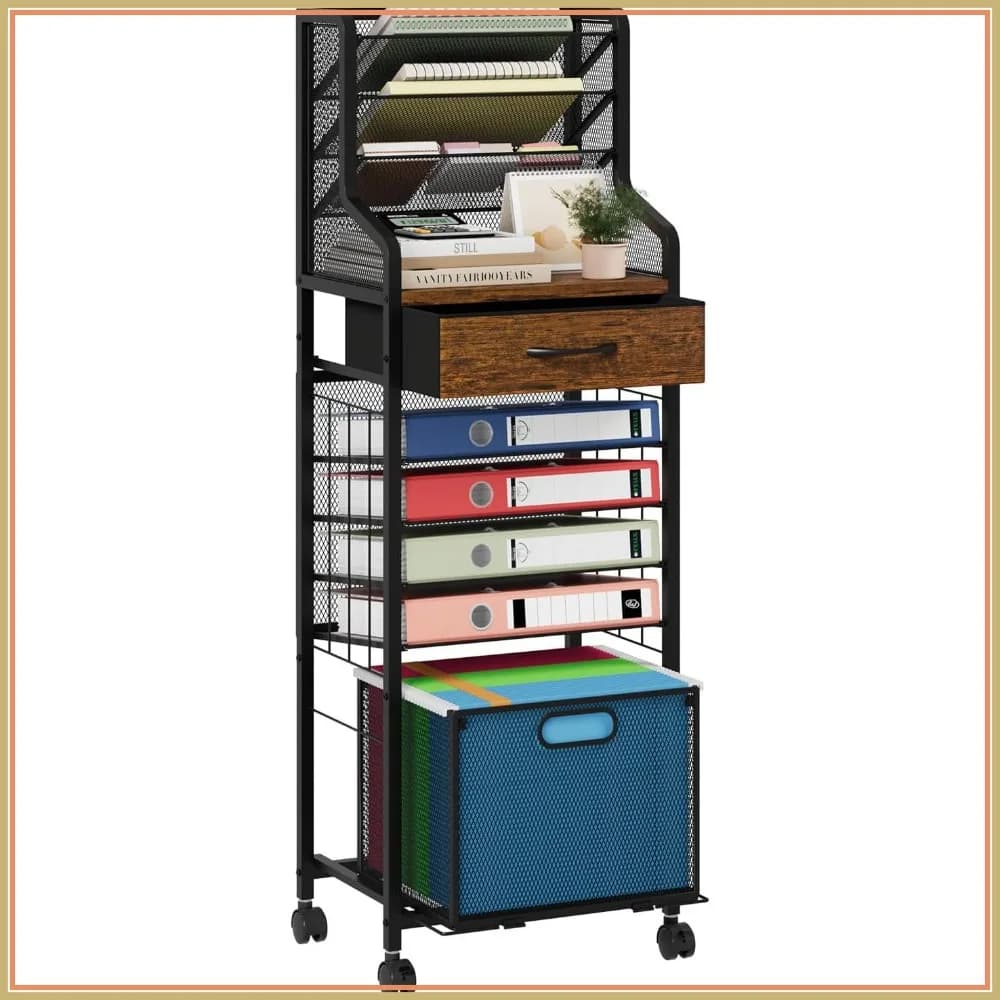 Carrello Portadocumenti a 10 Ripiani con Cassetto e Cartelle Appendibili, Ruote Bloccabili, Organizzatore da Ufficio in Rete per Casa, Studio, Scuola