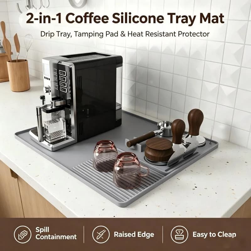 2-in-1 Silicone Coffee Tamper Mat with Drip Tray, Heat Resistant Bar Mat for Espresso Machine,Non-Slip Kitchen Counter Protector
