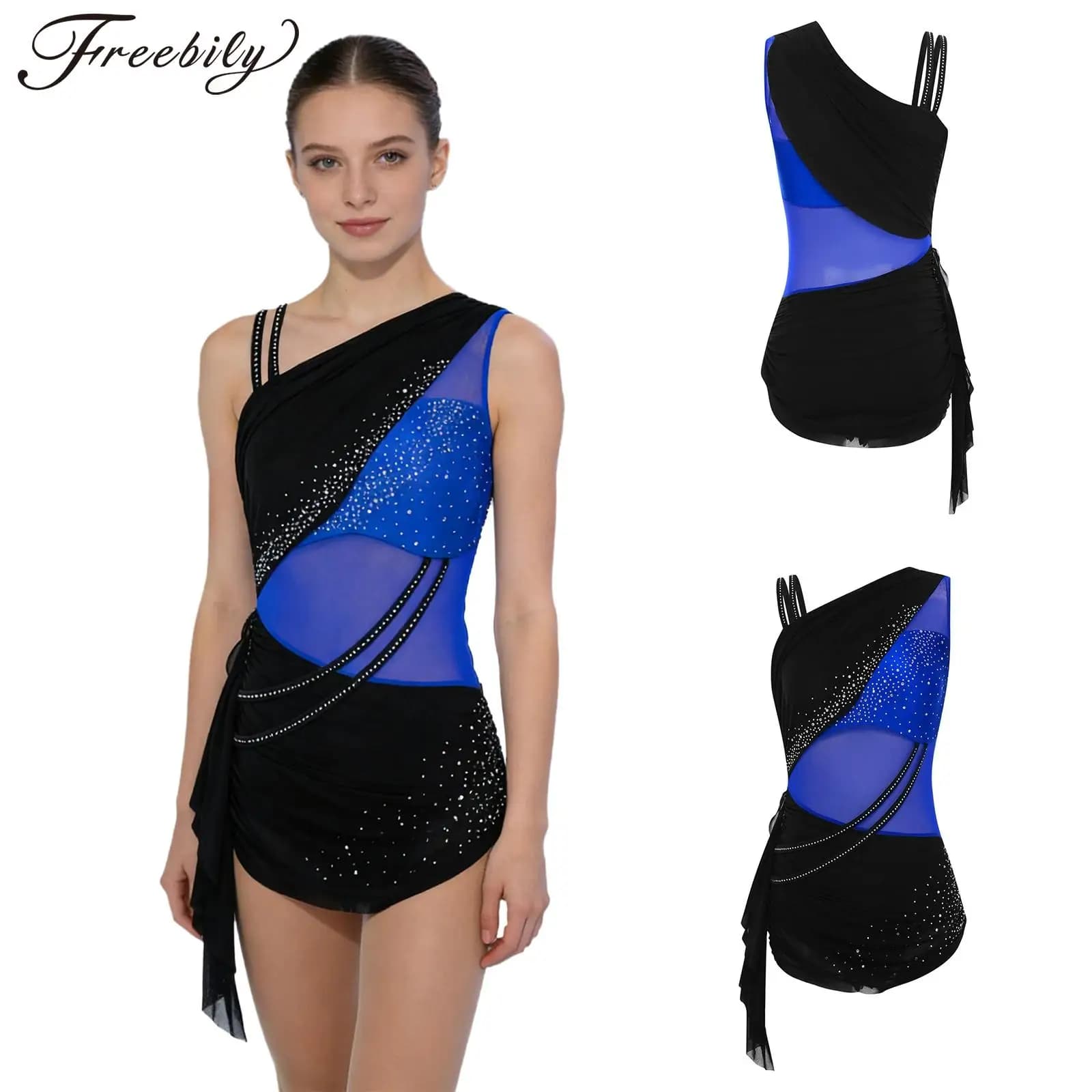 Body da Pattinaggio Artistico da Donna con Spalle Asimmetriche, Strass, Gonna Arricciata, Leotard con Bottoni all'Inguine, Tuta Intera per Danza