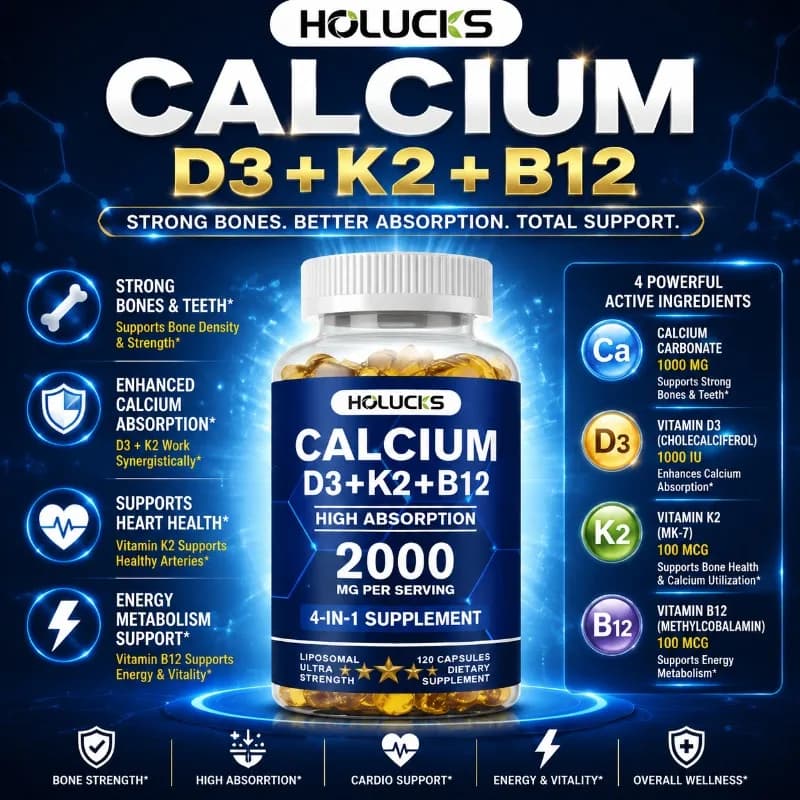 Organic Calcium Supplements, with Vitamin D3 K2, Strong Bone Teeth Joints, Support Heart & Brain Health, for Immune System