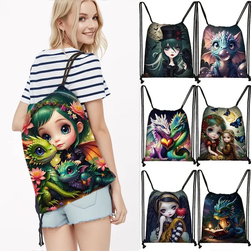 Zaino Kawaii Dragon Baby Fairy Angel Fantasy Gothic Girs Borse con coulisse Borsa portaoggetti da esterno per borse da viaggio Porta scarpe