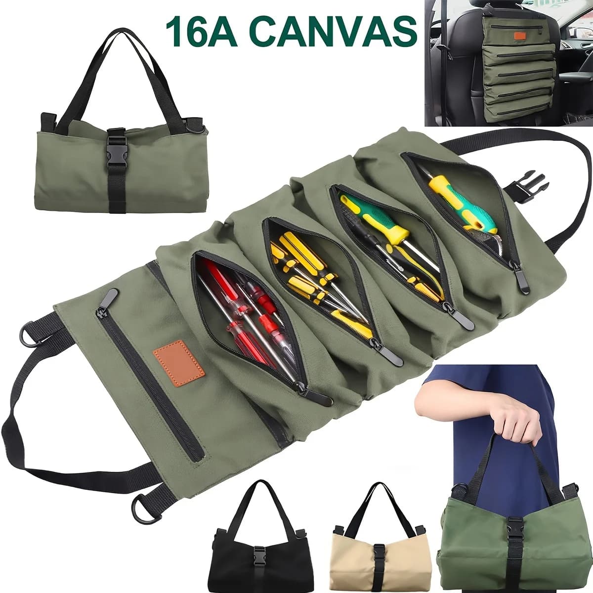 Borsa per attrezzi arrotolabile multiuso, rotolo di chiavi, secchio per organizer per attrezzi in tela, custodia per rotolo avvolgente per kit di pronto soccorso per auto, strumento per appendere