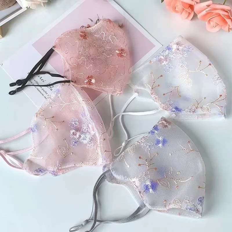 Embroidered Flower Face Mask, Adjustable Washable Breathable Modal Lace Printed Face Cover for Summer Daily Wear