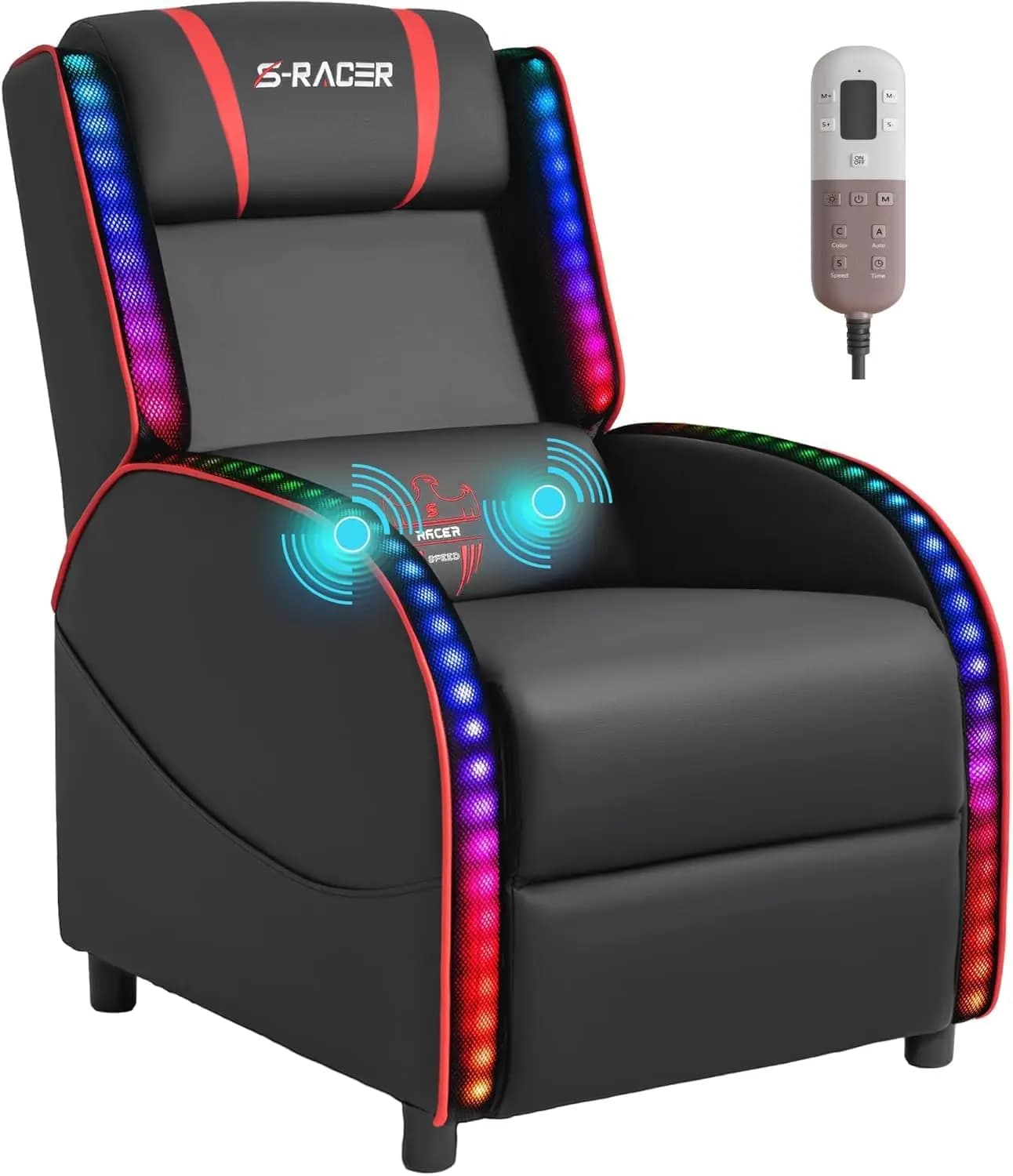 Poltrona Reclinabile da Gaming con LED e Massaggio, Stile Racing, Ergonomica, Divano Home Theater Rosso