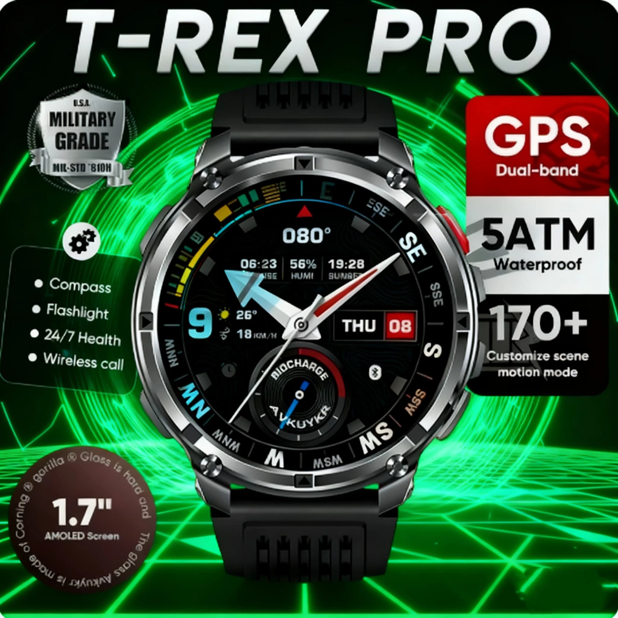 Nuovo T-Rex3 Pro 1100mAh Batteria Astuto Della Vigilanza GPS percorso 5ATM Impermeabile Sport Run tracker All'aperto Bussola Militare Smartwatch