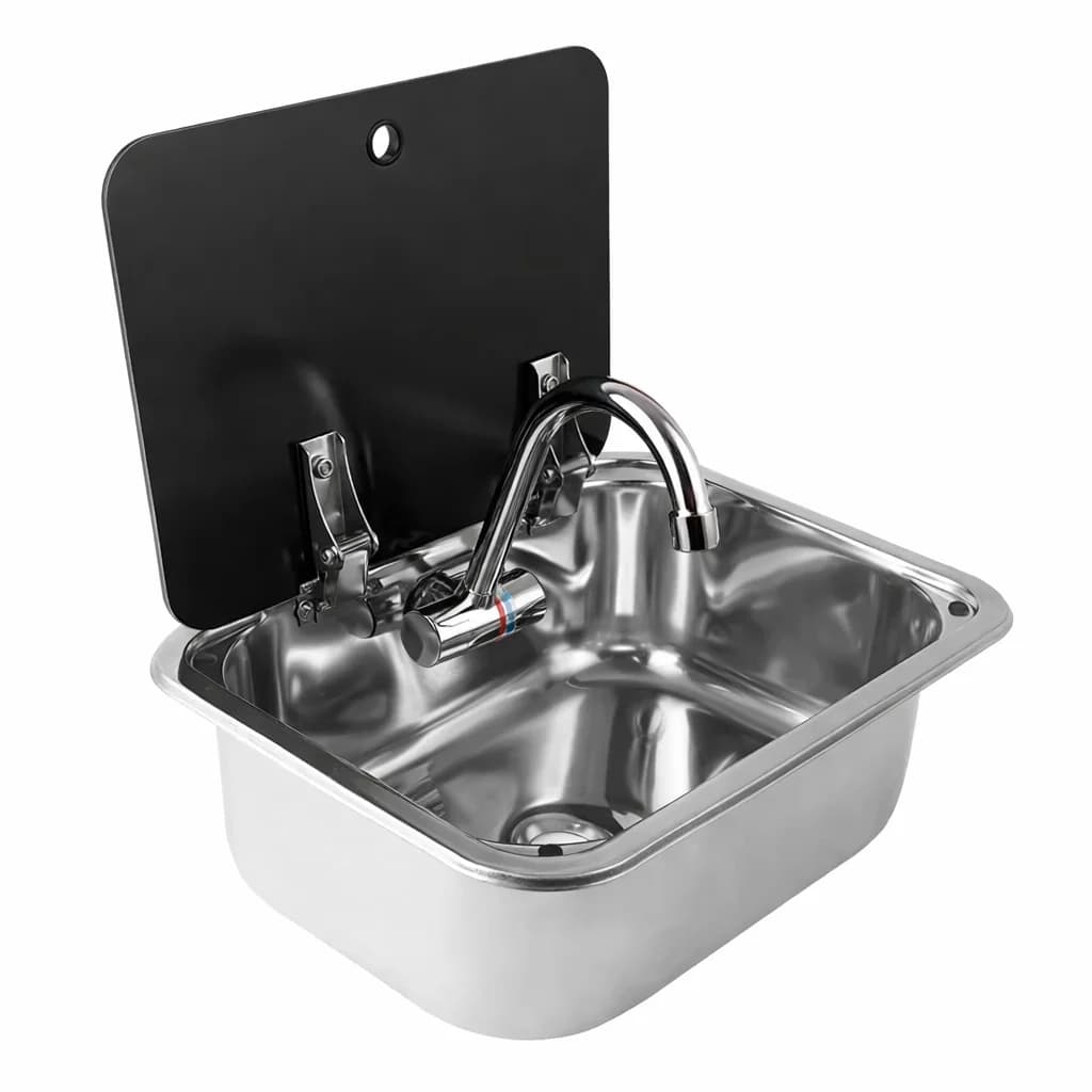 Lavello Compatto in Acciaio Inox per Camper con Coperchio in Vetro, Rubinetto Acqua Calda e Fredda, per Roulotte, Barca, Piccolo Lavello da Cucina