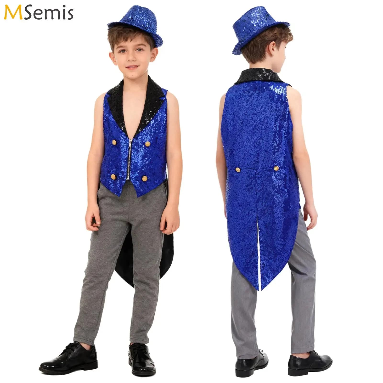 Sequins Medieval Vest Victorian Tailcoat Lapel V Neck Vest + Sequins Fedora Hat for Jazz Dance Cap Circus Performance Outfit Set