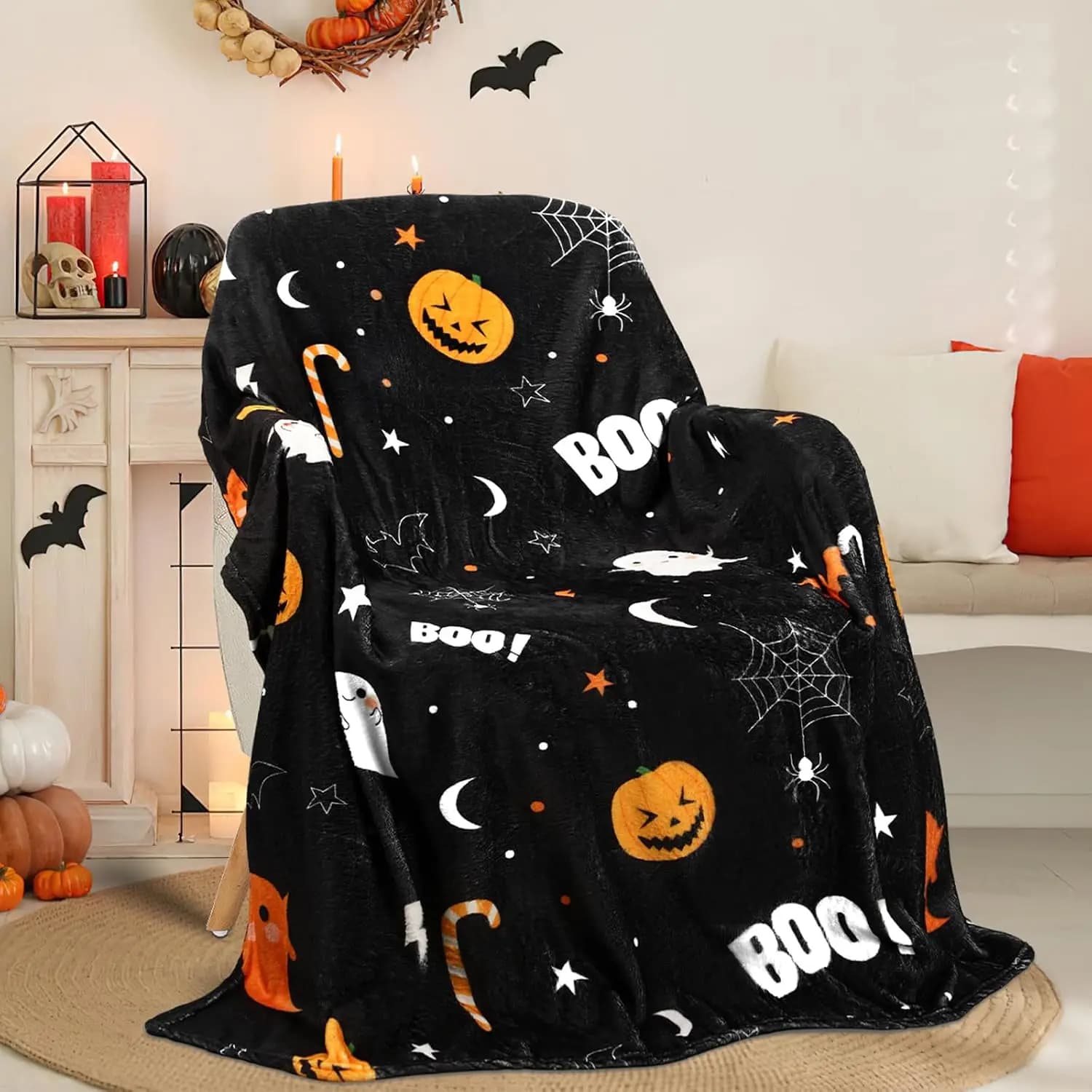 Jansun Halloween Blanket Spooky Ghost Pumpkin Throw for Couch Bed | Premium Flannel Fleece 50x60, Cozy Warm Breathable, Funny Spider Bat Pattern, Adult Kids Holiday Room Decor