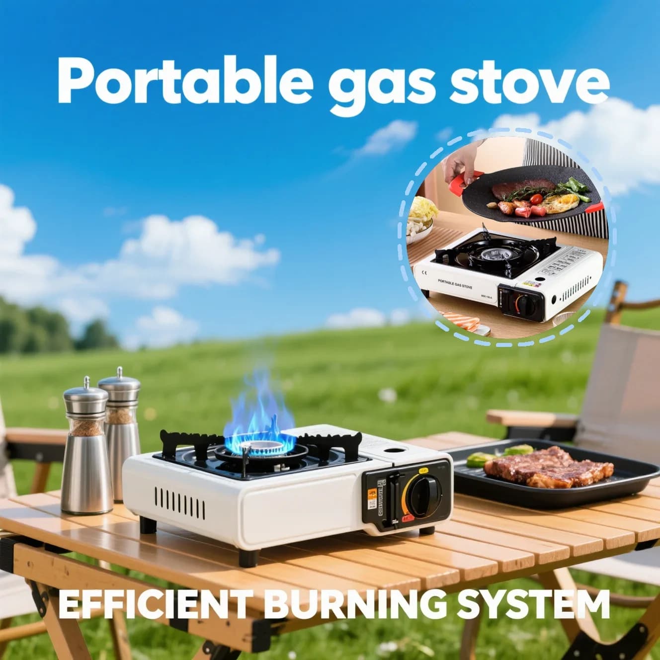 Portable gas stove for double purpose outdoor cartridge barbecue for camping, hiking, backpack, light gas stove for home use