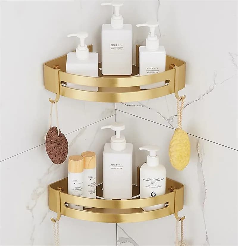 Brushed Gold Corner Shelf for Bathroom Shower Wall Mount Storage Organizer Shampoo Accessory Aluminum