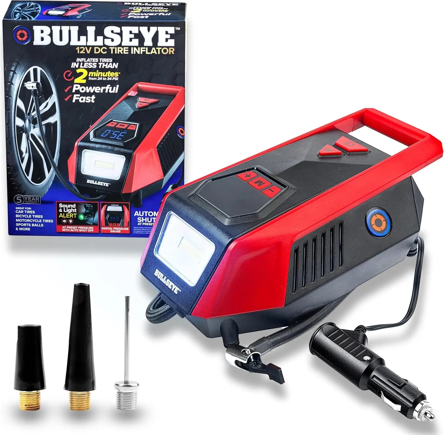 Gonfiatore per pneumatici Bullseye 12 V CC - Gonfiaggio 2 minuti, spegnimento automatico, 150 PSI, indicatore digitale, display a LED, caricabatterie per accendisigari (