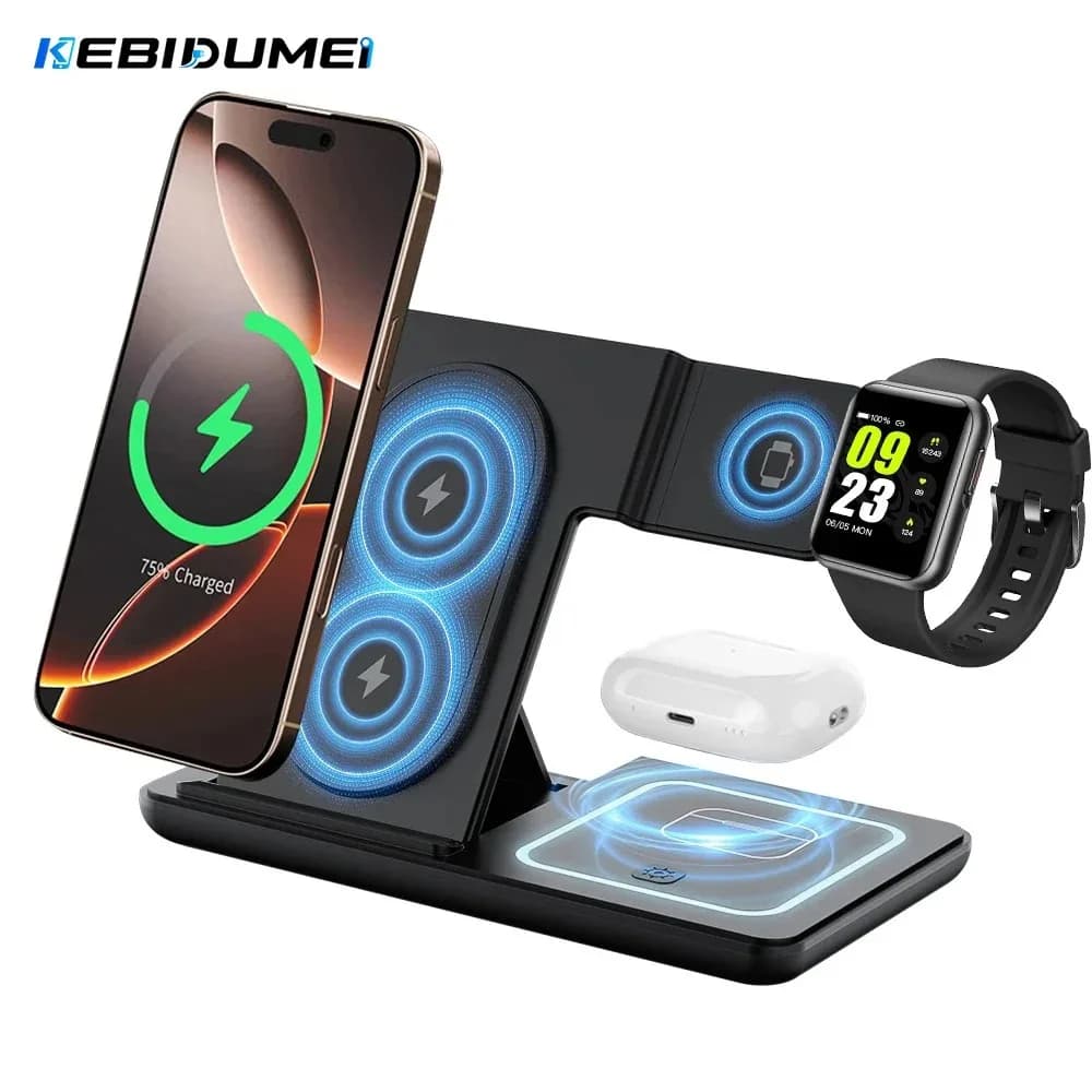 KEBIDUMEI 3 IN 1 Fast Magnetic Wireless Charger Stand Foldable Charging Station for Phone 18 17 16 15 Apple Watch Headphones