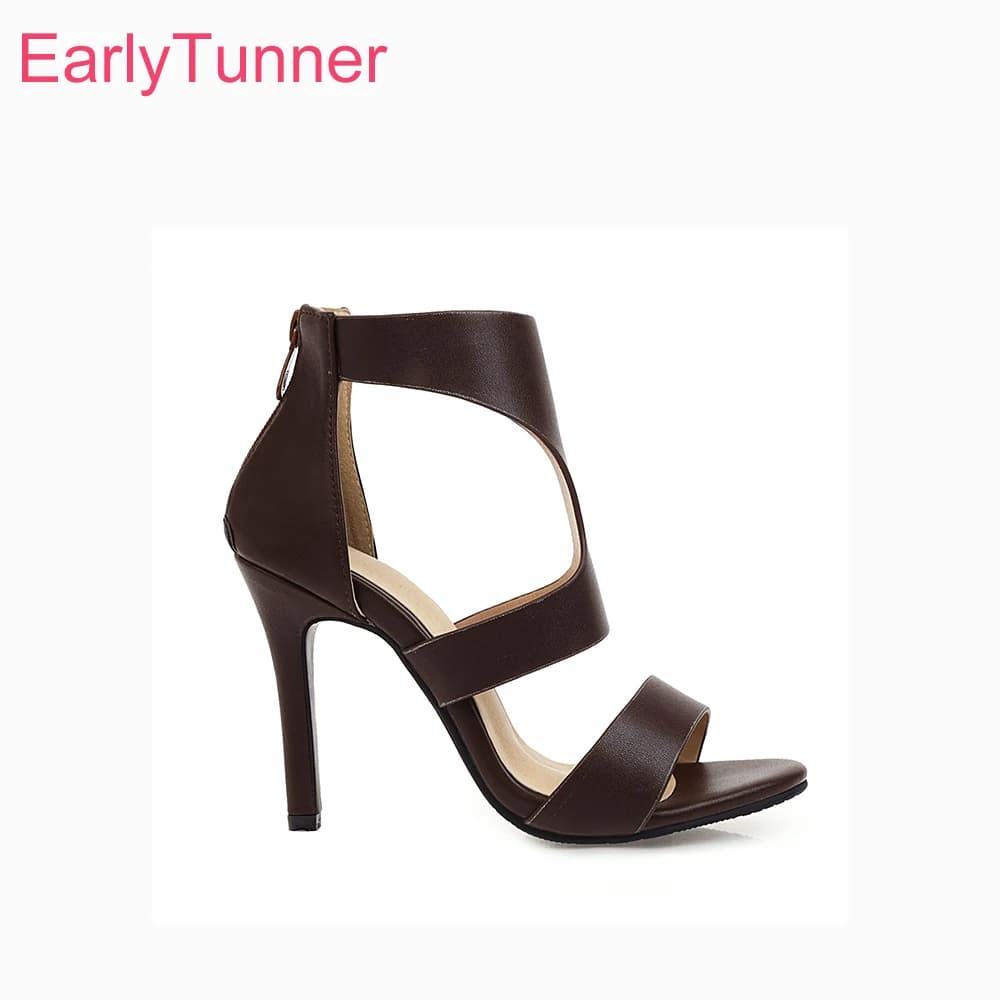 2026 Summer Sexy Brown Women Sandals Round Toe High Stiletto Heel Lady Dress Shoes Small Large Plus Size 11 32 45