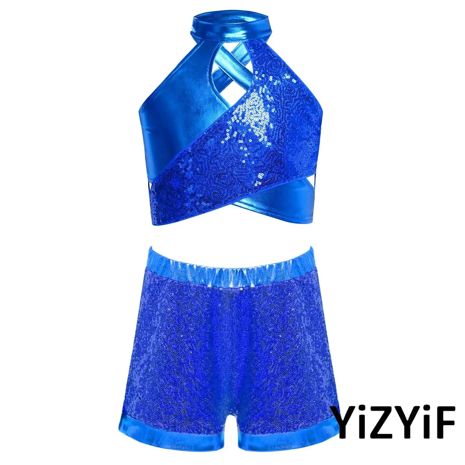 Vestito da ballo hip-hop jazz dinamico per bambina, buco della serratura incrociato, paillettes scintillanti, top corto metallico con pantaloncini per spettacoli teatrali