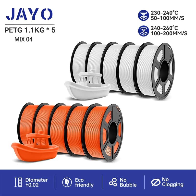 JAYO PETG Filamento 3D 1,75 mm 10 rotoli Stampante 3D Diametro Tolleranza +/- 0,02 mm Linee di filamento in modo ordinato Materiale ad alta tenacità