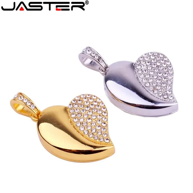 JASTER Chiavetta USB a forma di cuore con cristalli e catena, pendrive 4GB 16GB 32GB 64GB, collana con pendente a forma di cuore, idea regalo