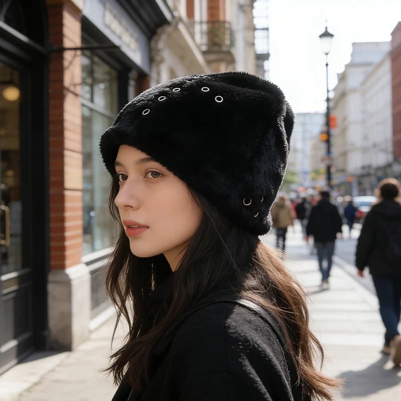 Plush Hat with Cross Eyes Gothic Style Y2K | Winter Hat decorated Black Street Eye without visor