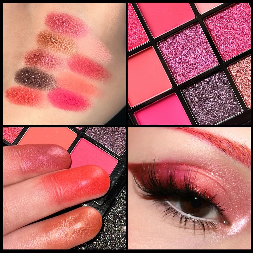Palettes of 9 colors, red and pink, matt, shiny, metallic finishes for look smokey eyes, rocks curls, dramatic festive makeup