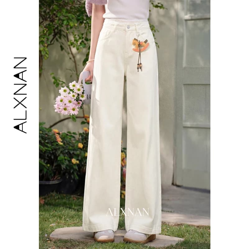 ALXNAN Vintage White Jeans in Gamba Straight for Women, High Life, Casual, Larghi, in Denim 100% Cotton, Fashion 2026, Gamba pants Larga L61361A