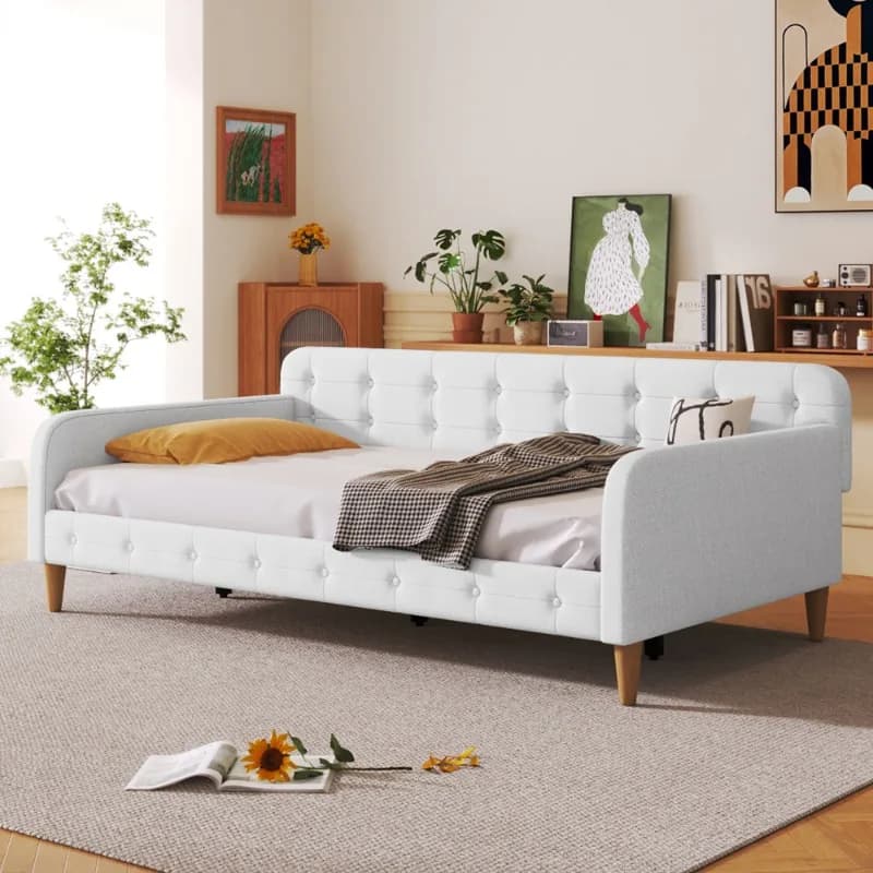 Scandinavian Style White Daybed with Wooden Legs Multifunctional Sofa Bed for Living Room Bedroom Guest Room Furniture