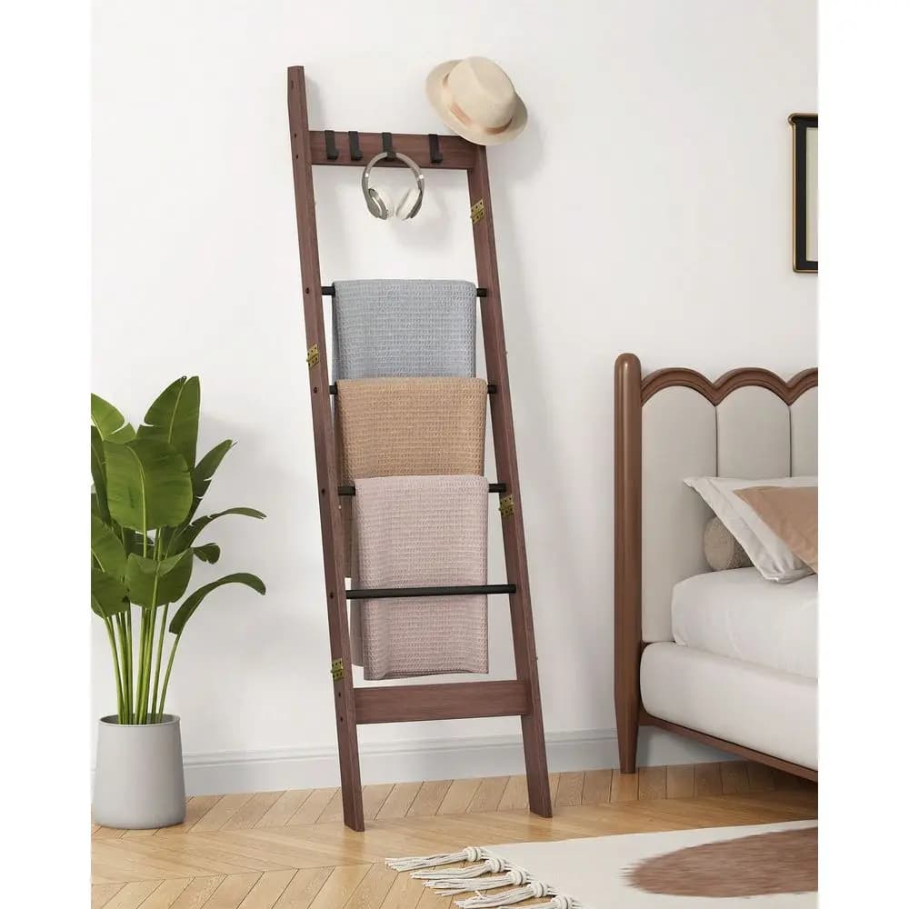 Scaffale a Scala Decorativo per Soggiorno, Porta Coperte con 4 Ganci Rimovibili, Organizzatore a 6 Livelli Stile Rustico