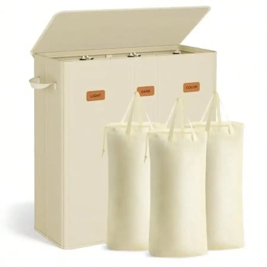180 L Laundry Hamper 3-Compartment Laundry Basket Sorter With Lid Labels Removable Liner Bags For Bedroom Cream White URLH013W01