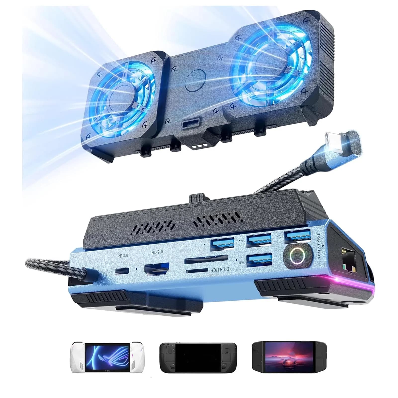 Dock USB C Doppia ventola di raffreddamento PD100W Docking station 10 in 1 Lega di alluminio ABS Gigabit Ethernet 1000Mbps Slot M.2 NVMe per il lavoro