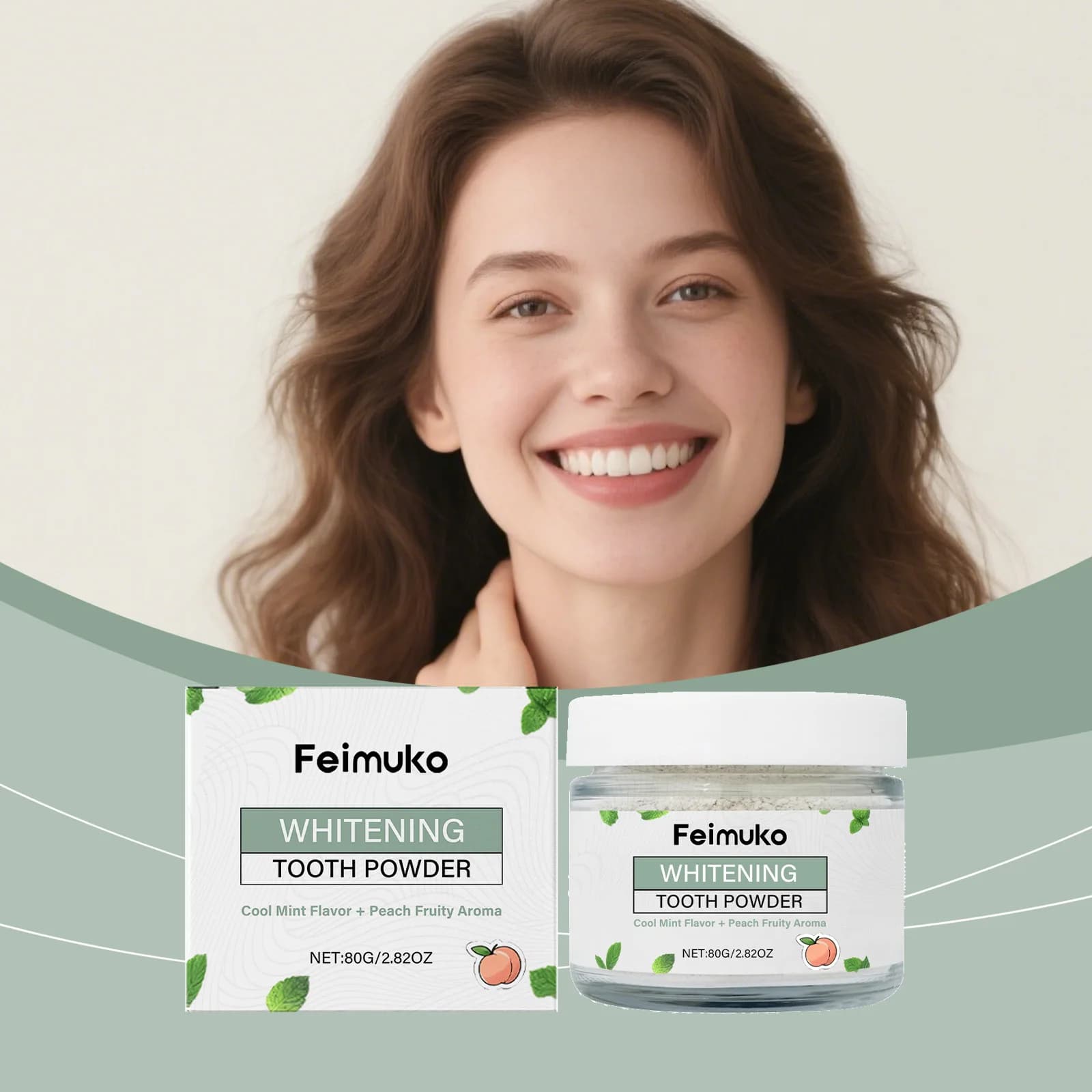 Feimuko Polvere Sbiancante per Denti Gusto Menta Fresca e Pesca, Rimuovi Macchie, Pulizia Profonda, Alito Fresco, Lucidatura Delicata dei Denti, Cura Orale