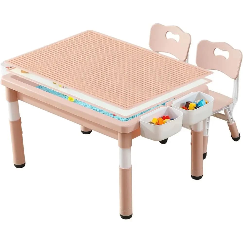 Tavolo da gioco bifacciale con sedie, piano per costruzioni, scrivania per bambini con contenitore, adatto per bambini/bambine, rosa