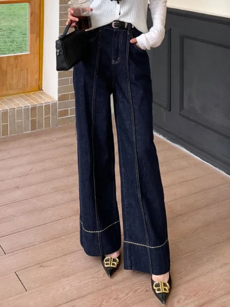 Missuoo 2026 Jeans Estivi da Donna Trendy a Gamba Larga Blu Scuro a Vita Alta con Pieghe Centrali e Cuciture a Contrasto