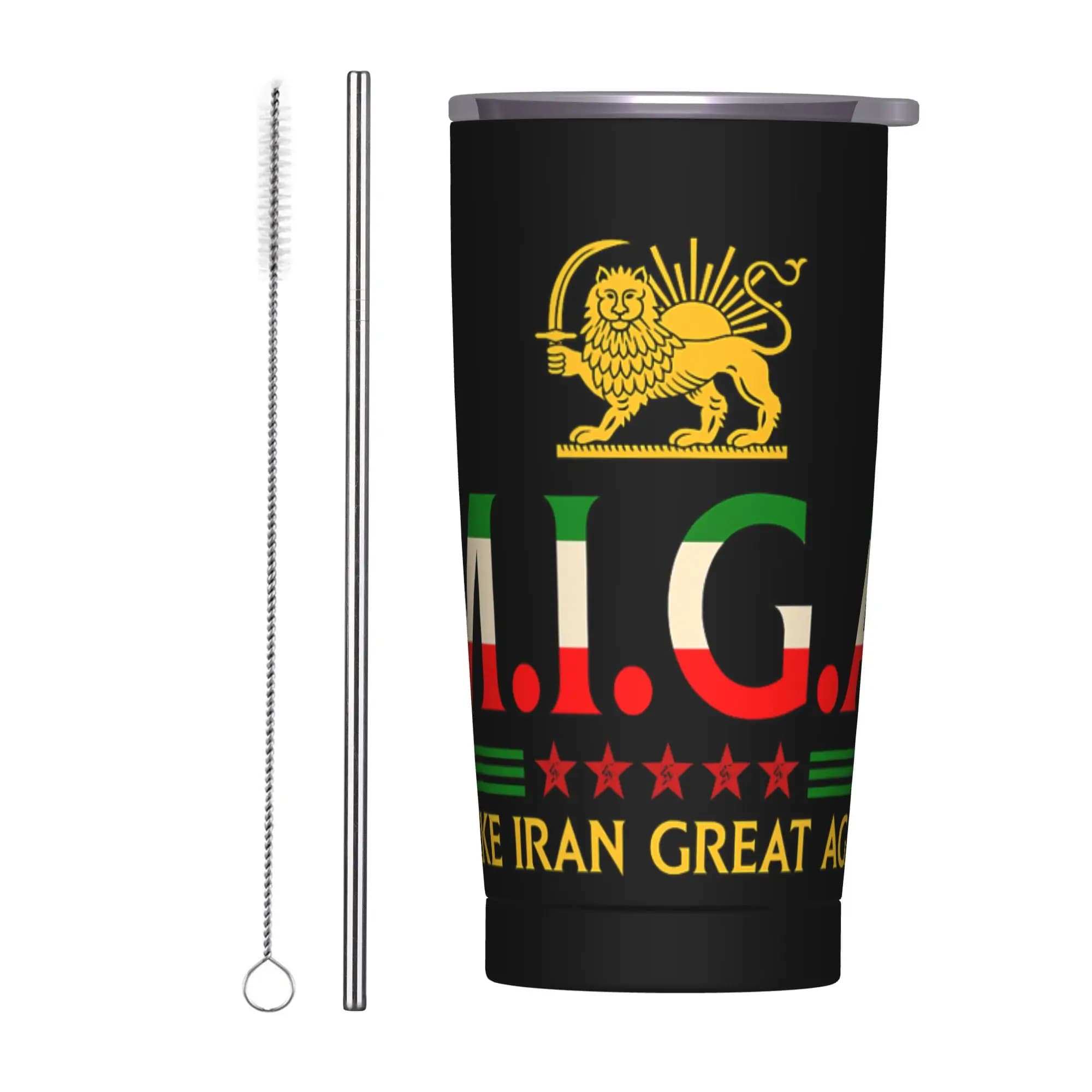 Tazza Termica Miga 'Make Iran Great Again' con Coperchio e Cannuccia, Bicchiere da Auto Antigoccia