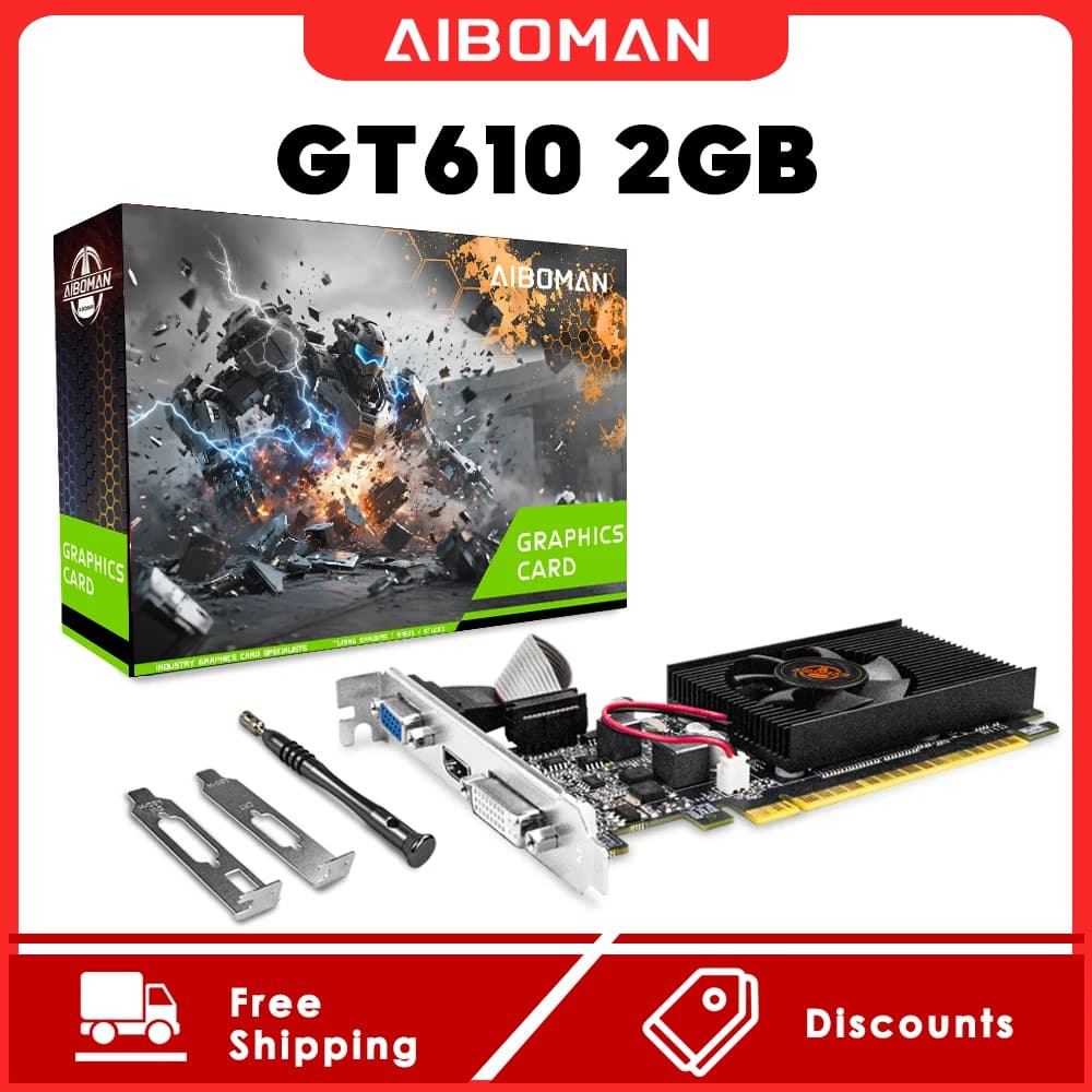 Scheda grafica multi-schermo AIBOMAN GT610 2G: Supporta la visualizzazione simultanea su due schermi, ideale per gaming, video, ufficio e design, tipo LP.