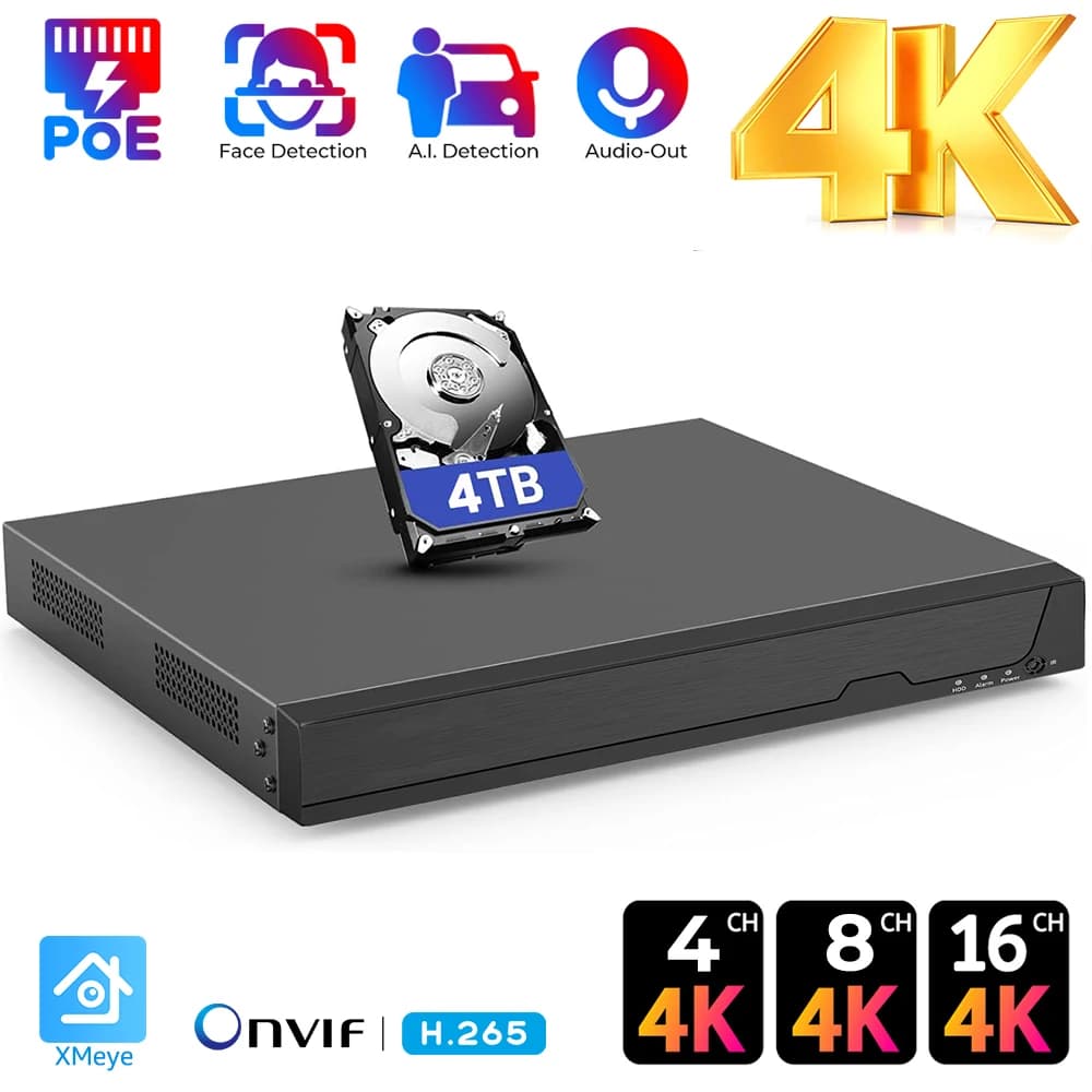 Videoregistratore NVR PoE 16CH 4K 8MP per sistema CCTV di sicurezza domestica 8CH 24/7 registrazione 4CH H.265 ONVIF Face Detect registratore di rete