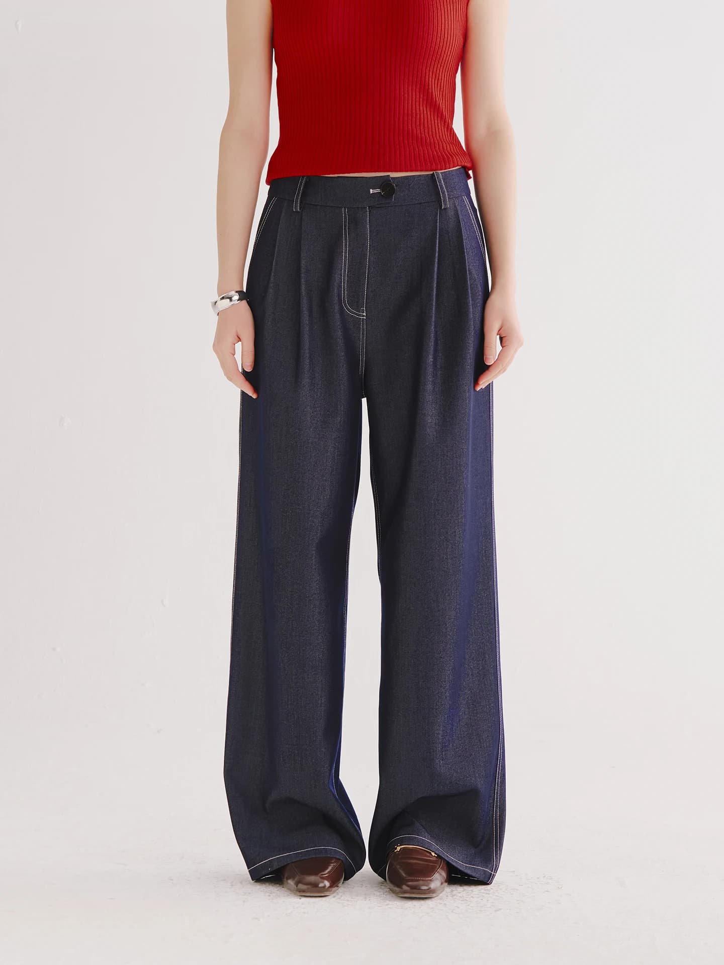 Set di Jeans a Gamba Dritta Blu Tono Originale, Pantaloni a Gamba Larga a Vita Alta, Pantaloni Lunghi Eleganti da Donna per il Lavoro, Collezione Primavera