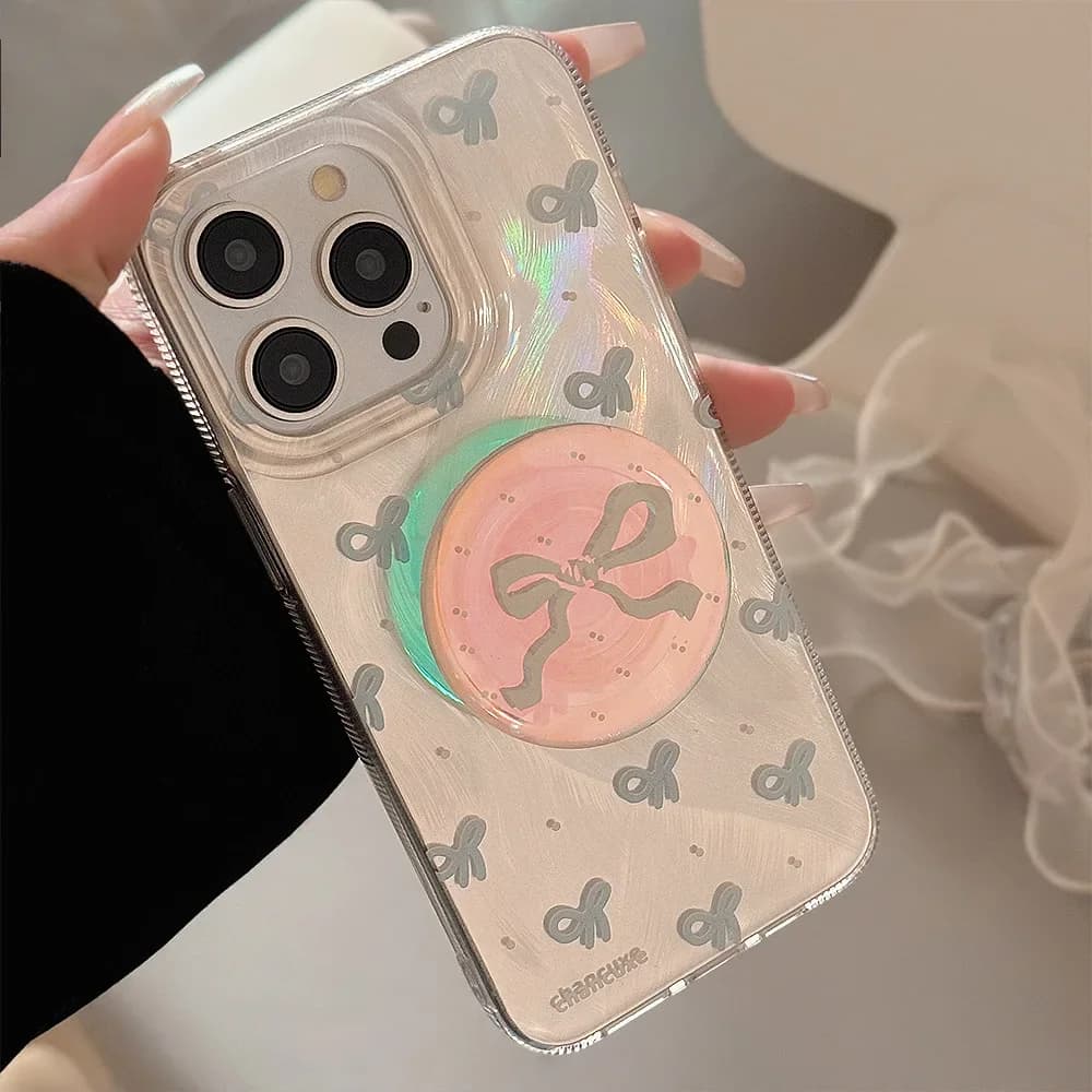 Custodia per telefono coreana blu Bowknot con staffa laser per iPhone 17 Air 15 14 13 12 11 16 Pro Max Cover rigida protettiva antiurto