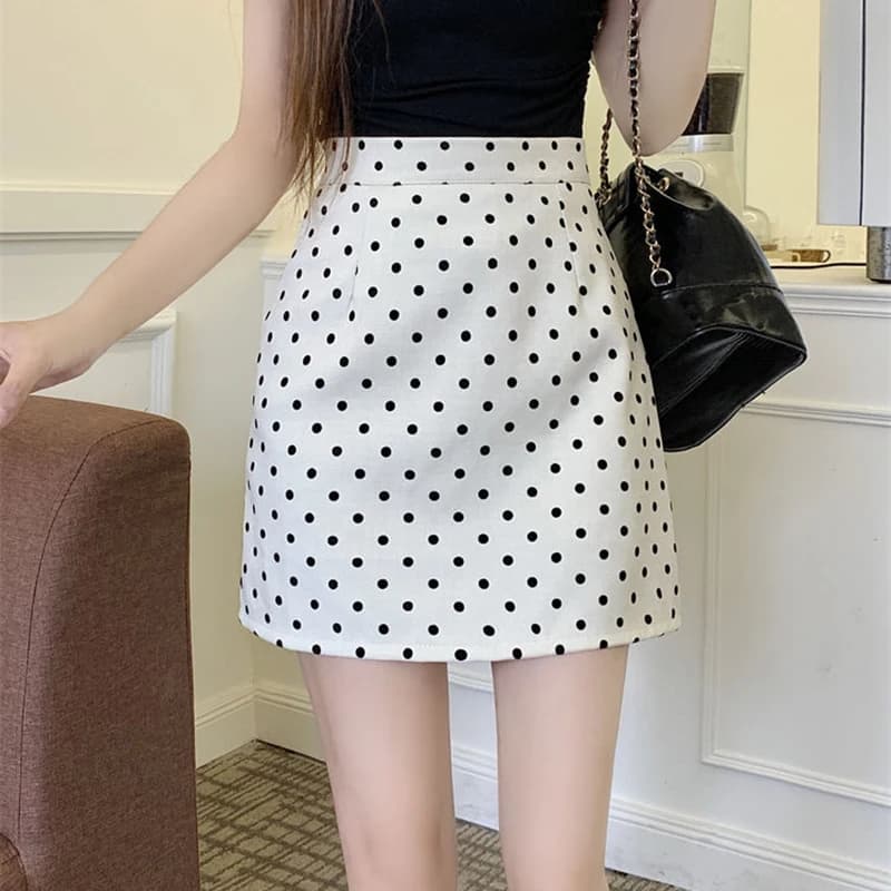 Gonne coreane stampate alla moda con pois, abbigliamento femminile estivo, nuove gonne larghe stile preppy con cerniera e vita alta