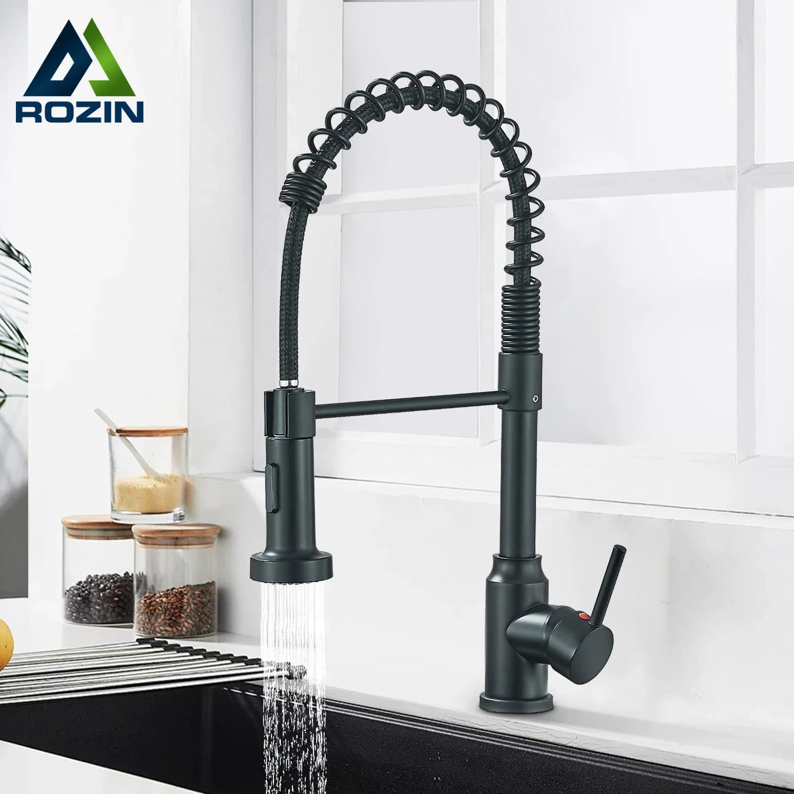 Rubinetto da Cucina Nero Flessibile con Doccetta Estraibile a Molla, Miscelatore Acqua Calda e Fredda Girevole a 360° ° Rubinetto da cucina con ugello girevole a spruzzo