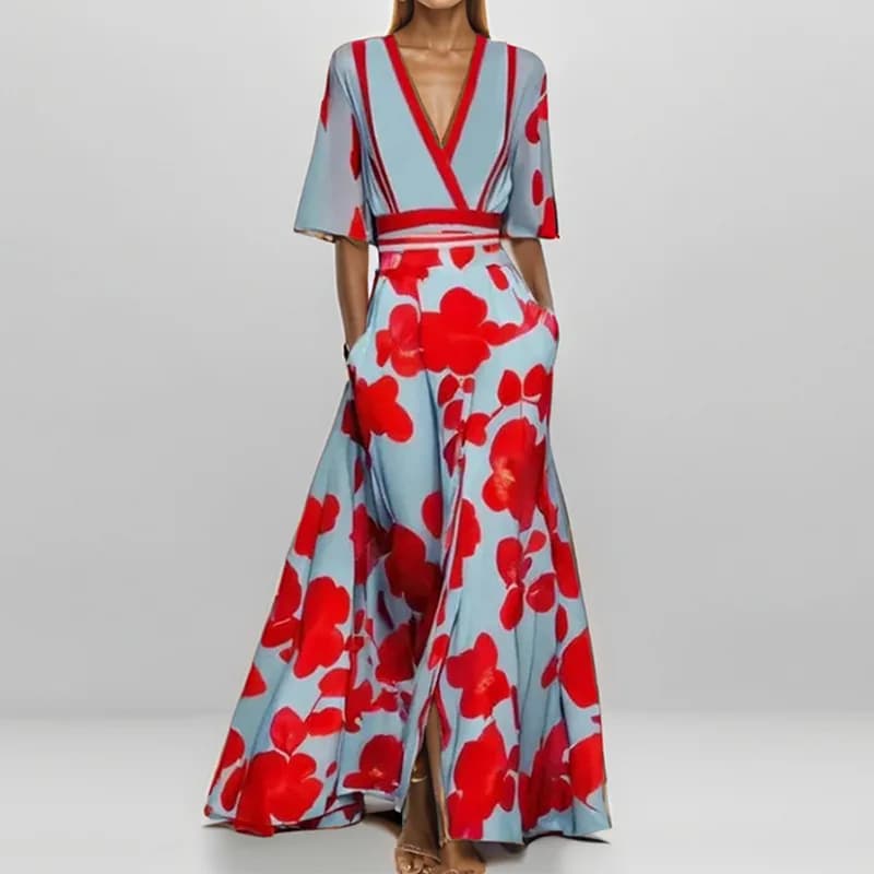 Elegant Long Printed Dress V-Neck Midi Skirt Fashionable Women's Clothing Gathered Hemline Stylish Autumn Season Polyester Fa...