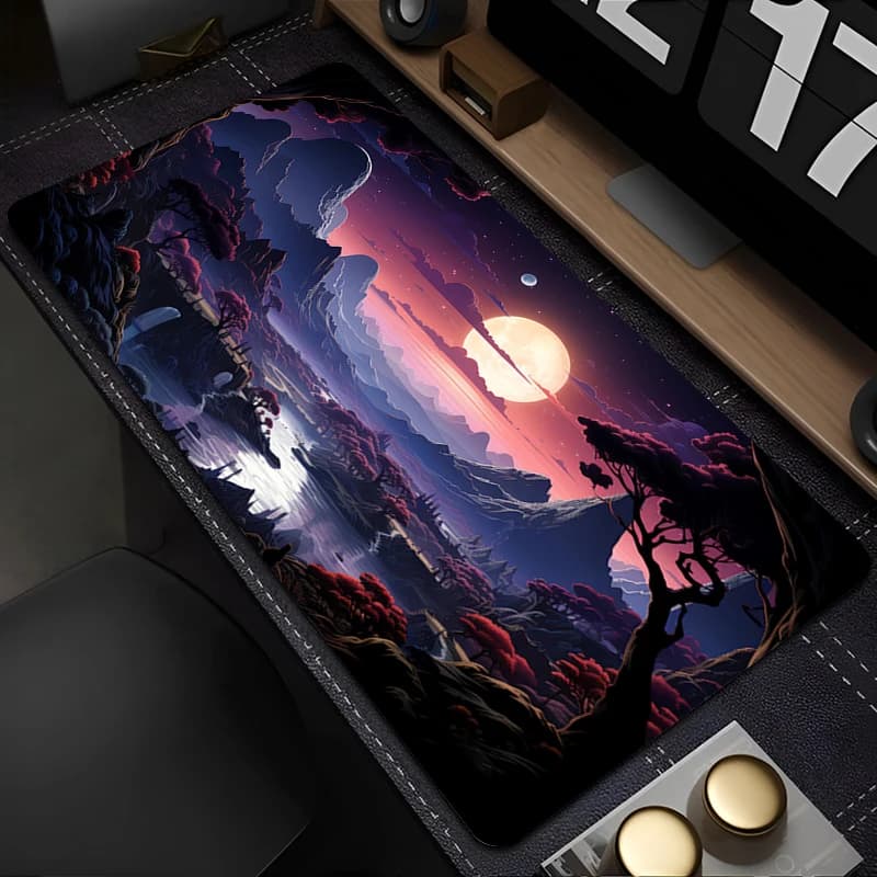 Tappetino per mouse 90x40 cm, grande, rosso e nero, con paesaggi artistici, per giocatori, tastiera, scrivania, tappetino per mouse, tappeto, gomma, per laptop, gaming, notebook.