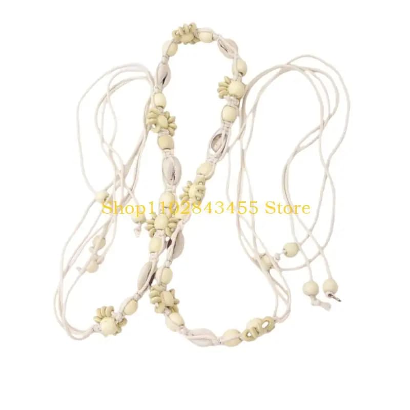 49MC Sea shell Wood beads Soft adjustable cable Wax rope belt Ethnic jewelry for and