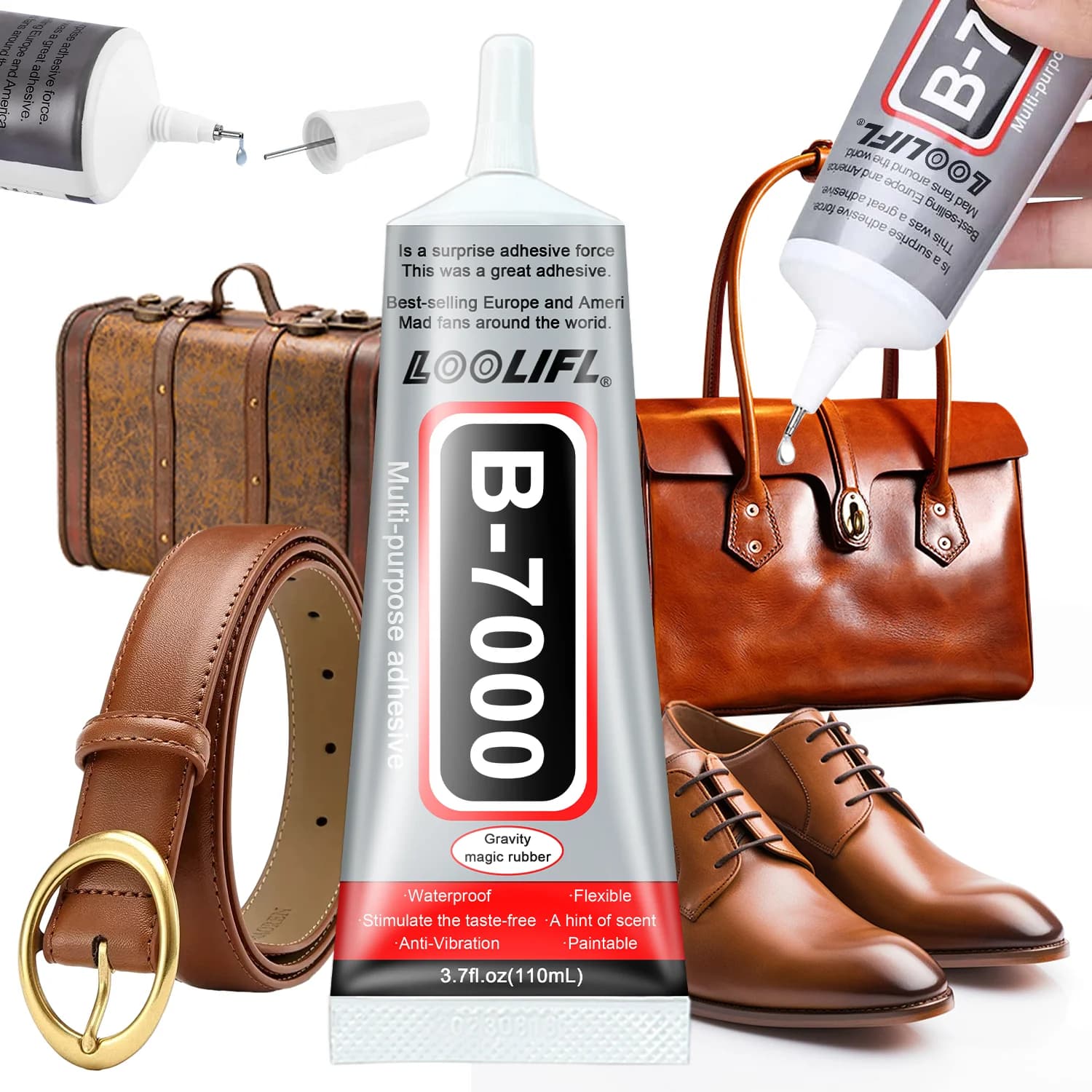 LOOLIFL B-7000 Colla per riparazioni pelle 15/25/50/110 ml - Adesivo ad alta resistenza per scarpe, borse, senza residui e lavabile