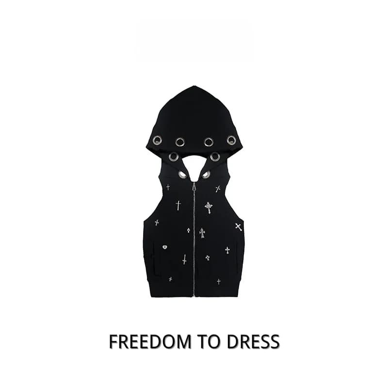 Y2K Punk Style Cross Eye Hanging Neck Backless Hoodie Sleeveless Vest Personalized Streetwear Top for Young Women