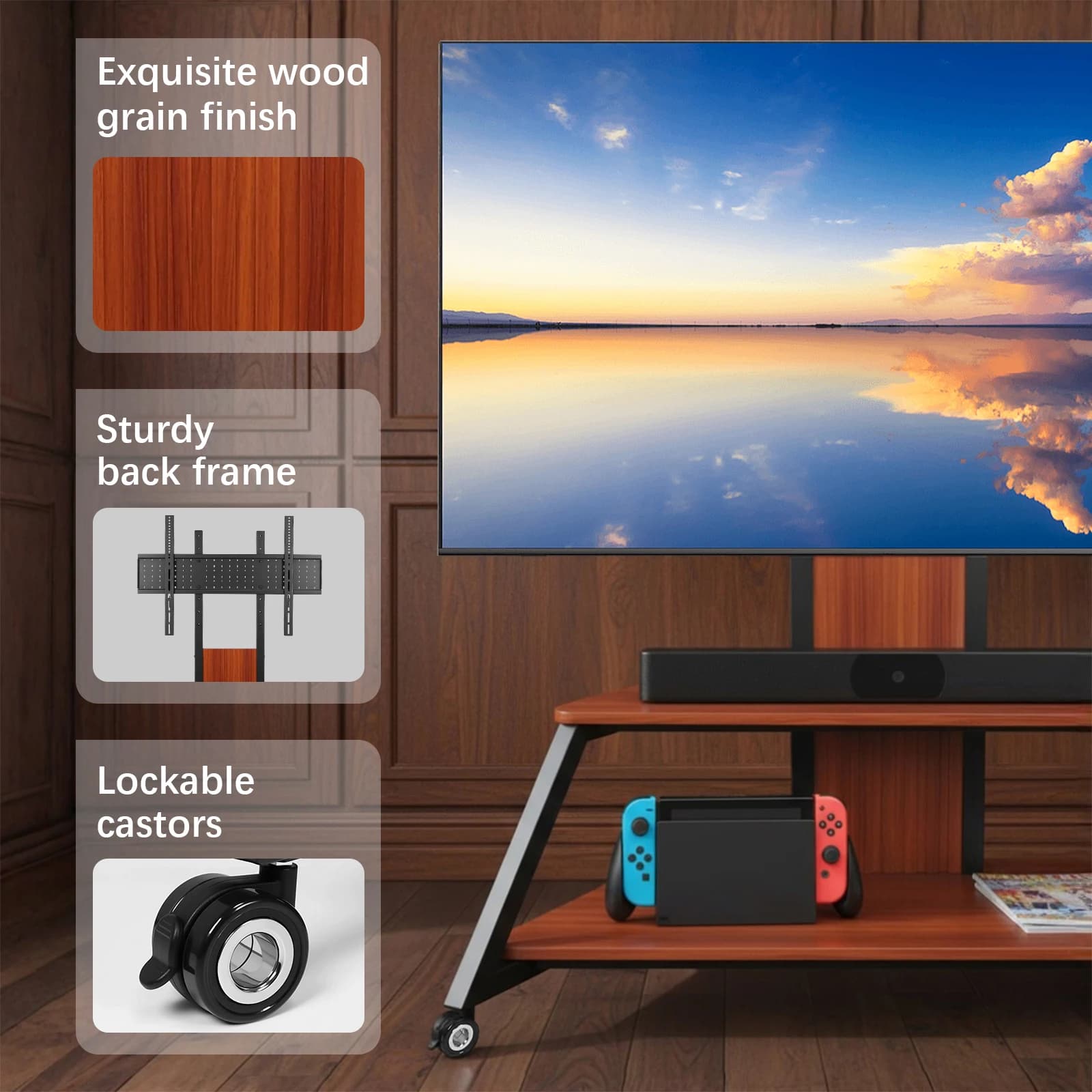 Support with 60-100 inch TV wheels up to 220 pounds with laptop shelf, swivel TV trolley with lockable wheels and adjustable height