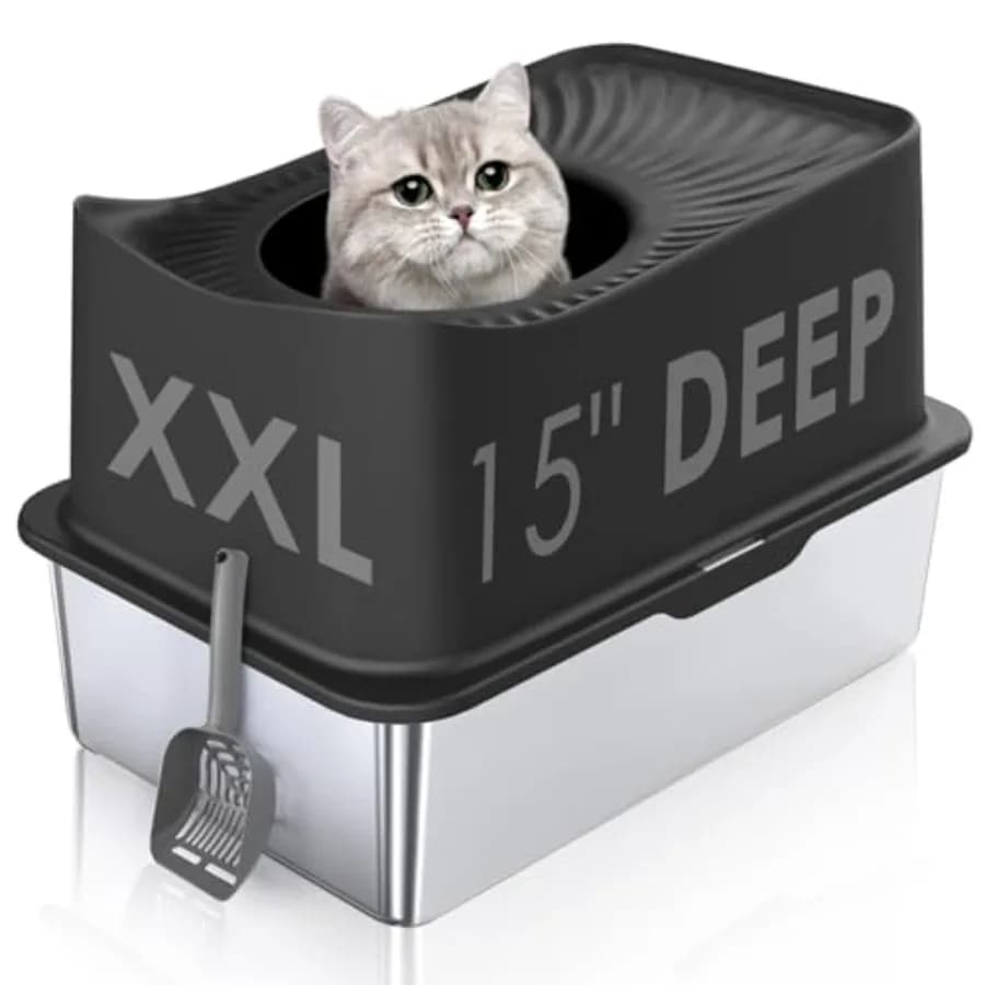 Top Entry Cat Litter Box with Lid, Stainless Steel Extra Large Enclosed Cats Kitty Litter Pan Easy Cleaning, XL Metal High Side